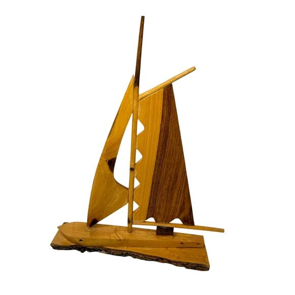 Vintage Handmade Wooden Sailboat Decor Nautical Ship Art 7x7" 7" Tall - Picture 1 of 4